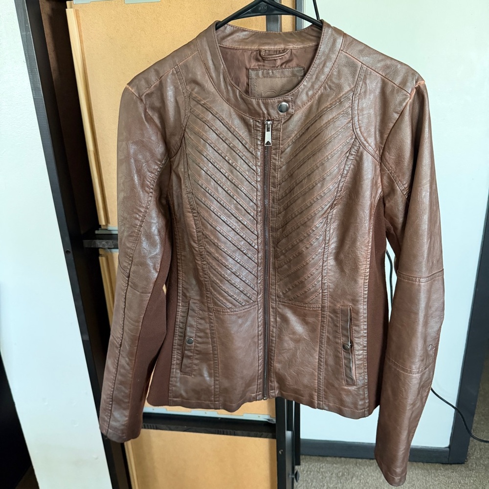 Maurices Vintage Vegan Faux Leather Knit Full Front Zip Jacket Moto Brown L